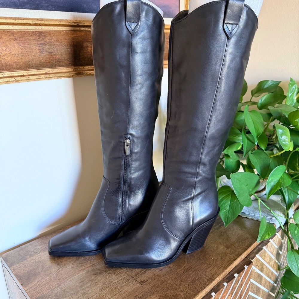 Vince Camuto Afelia Knee High Boots Women 8.5 Black Leather Western Square Toe - Picture 2 of 16
